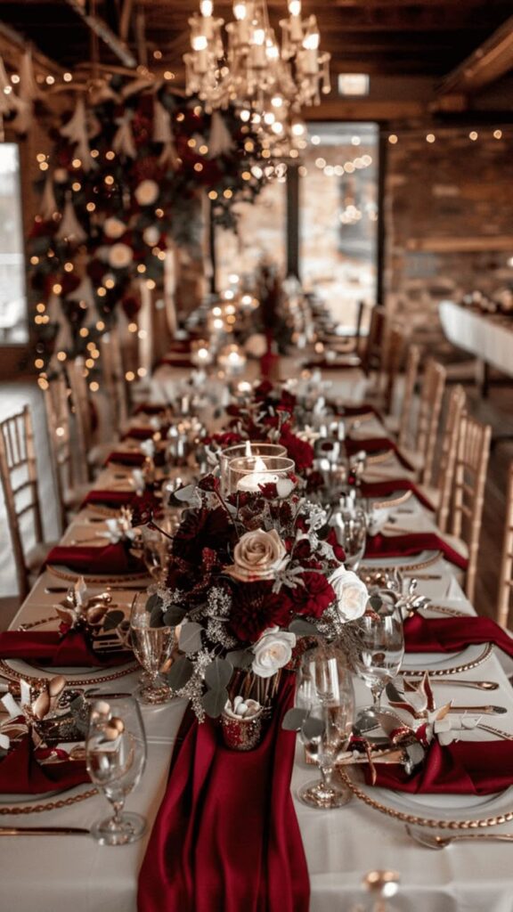 Elegant dining table with red and white floral centerpieces, candles, and festive decor under a chandelier in a cozy banquet setting.
