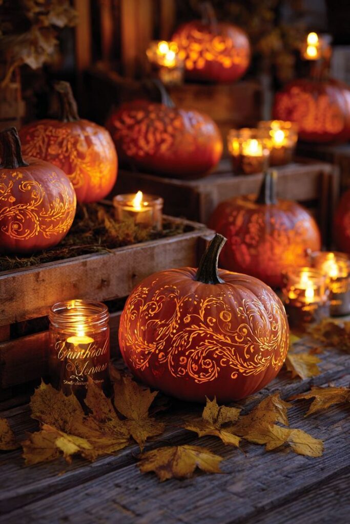 Ornately carved pumpkins glowing with candles on wooden crates, surrounded by autumn leaves; cozy Halloween decor ambiance.