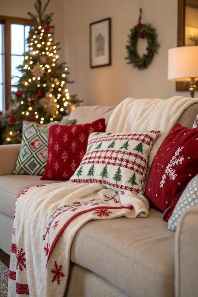 Cozy living room with festive pillows and a blanket, Christmas tree and wreath in the background, perfect holiday decor.
