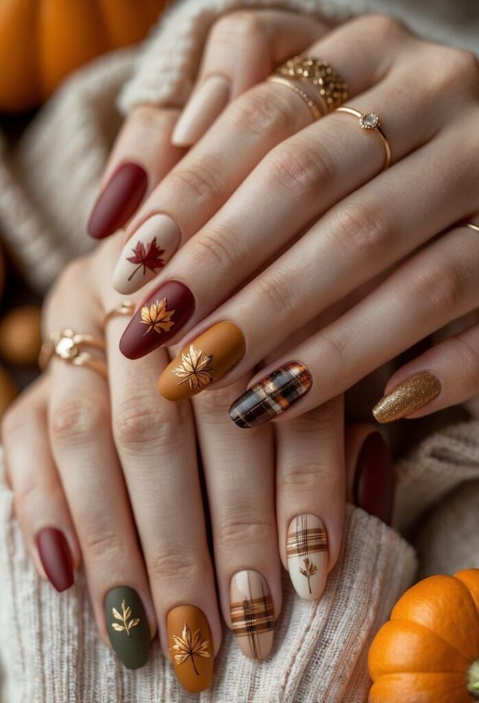 Autumn-themed nail art with leaves and plaid patterns, featuring warm colors like gold, red, green, and brown. Cozy fall vibe.