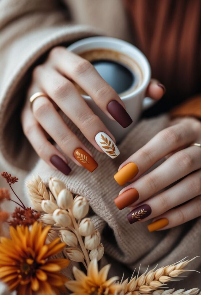 Autumn-themed manicure featuring earthy tones and leaf designs, holding a coffee cup surrounded by fall flowers. Cozy fall vibes.