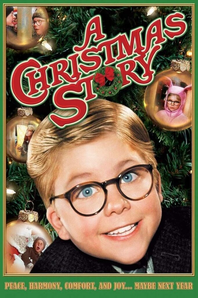Poster of A Christmas Story featuring a smiling boy with glasses, surrounded by festive scenes and ornaments. Classic holiday film.