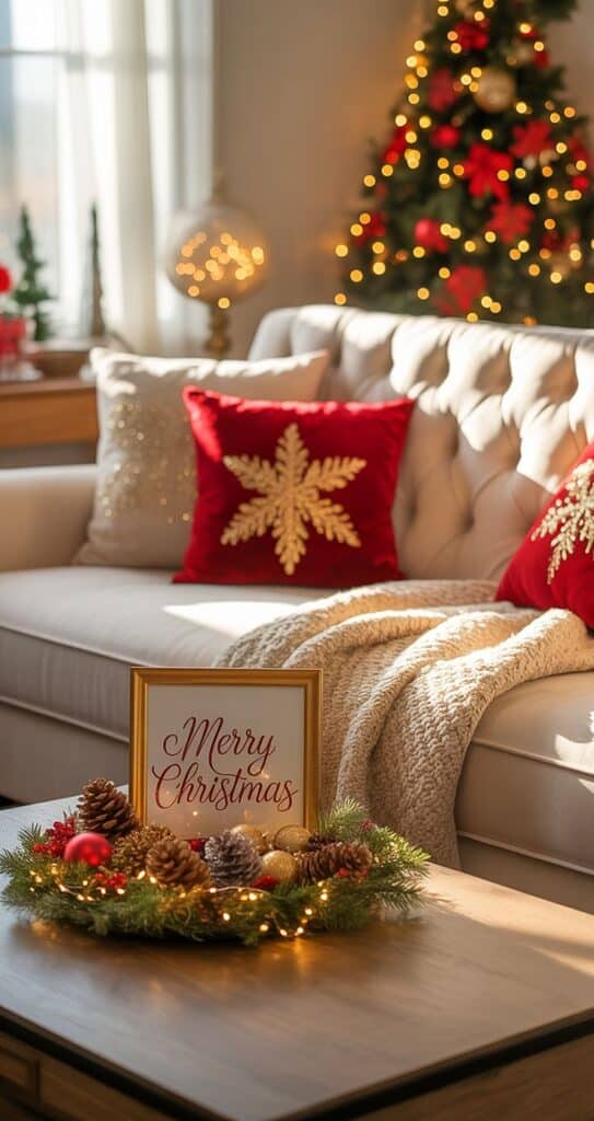 Cozy living room with Christmas decor, red pillows, festive wreath, and Merry Christmas sign, perfect for holiday inspiration.