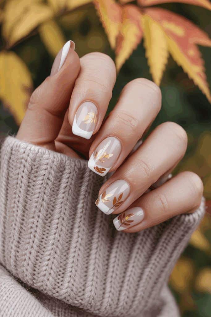 Elegant autumn nail art with gold leaf design, perfect for fall fashion. Cozy knit sweater background.