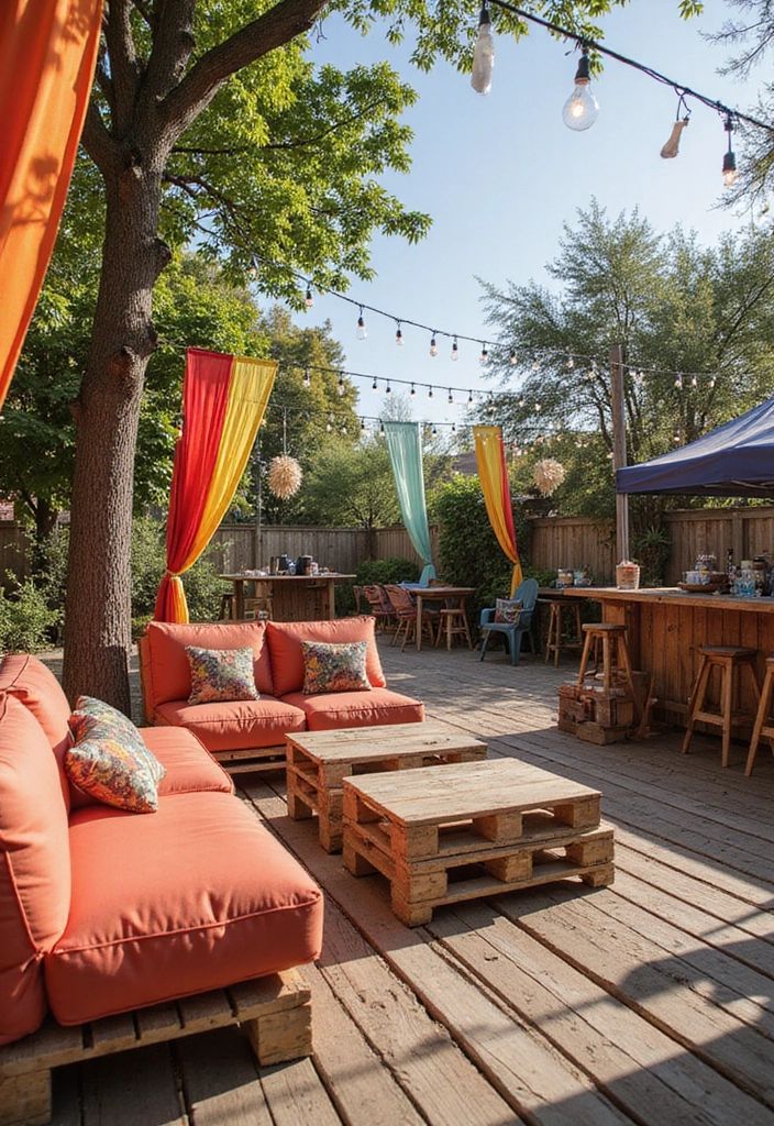 Outdoor patio with vibrant seating, pallet tables, colorful drapes, and string lights, creating a cozy and inviting space.