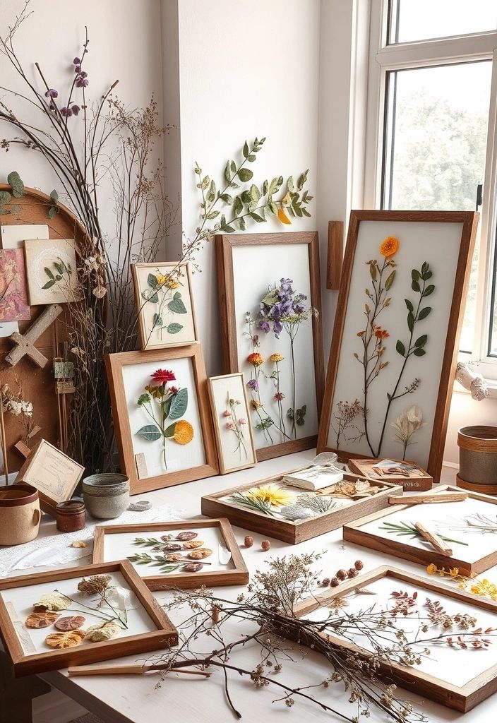 Framed pressed flowers on a sunlit table, ideal for home decor and botanical art enthusiasts.