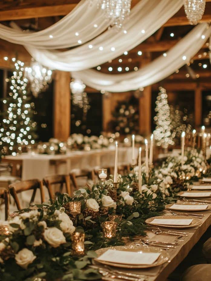 Elegant wedding reception with floral centerpieces, candles, and draped lights creating a romantic ambiance in a rustic setting.