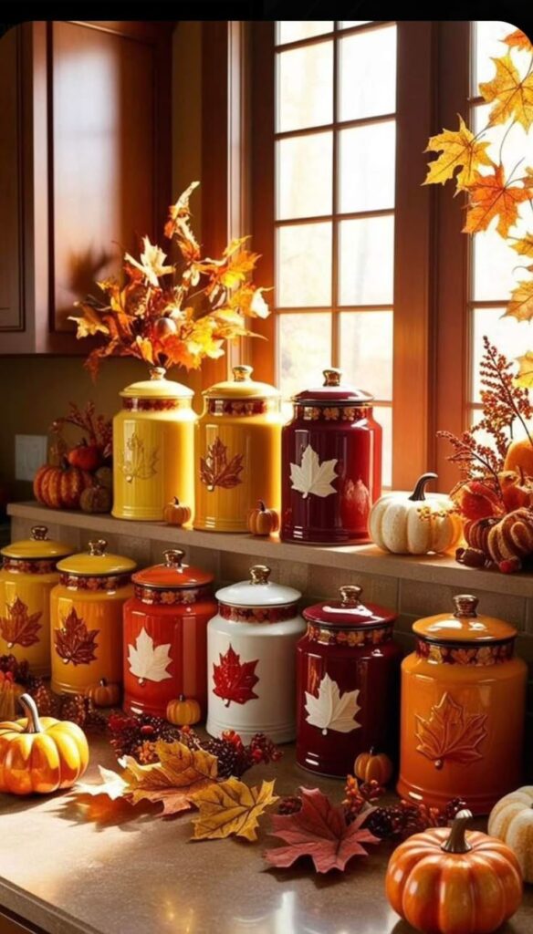 Autumn-themed kitchen with colorful leaf-adorned jars, pumpkins, and fall leaves on a sunlit countertop by the window.