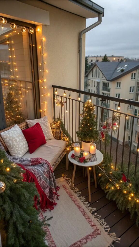 Cozy holiday balcony with string lights, candles, and festive decor, creating a warm, inviting atmosphere for the season.