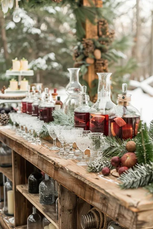 Festive outdoor drinks setup with mulled wine bottles, glassware, and pine decorations on a rustic wooden table in a snowy setting.