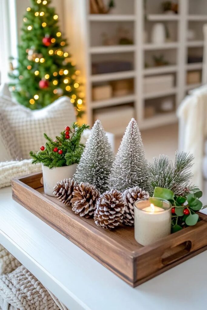 Cozy Christmas decor with pinecones, candles, and mini trees on a wooden tray, with a blurry lit tree in the background.