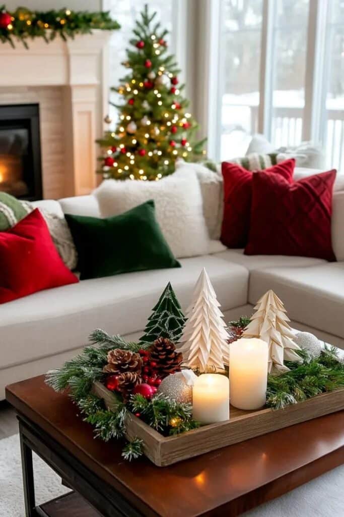Cozy living room with festive Christmas decor: tree, candles, and red and green cushions, perfect holiday ambiance.