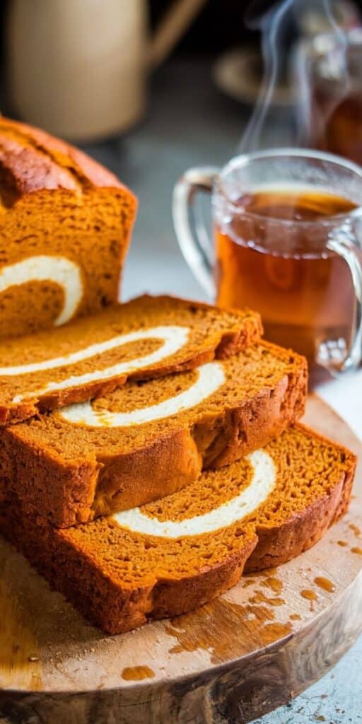 Sliced pumpkin spice bread with cream cheese swirl on a wooden board, accompanied by a steaming cup of tea for a cozy treat.