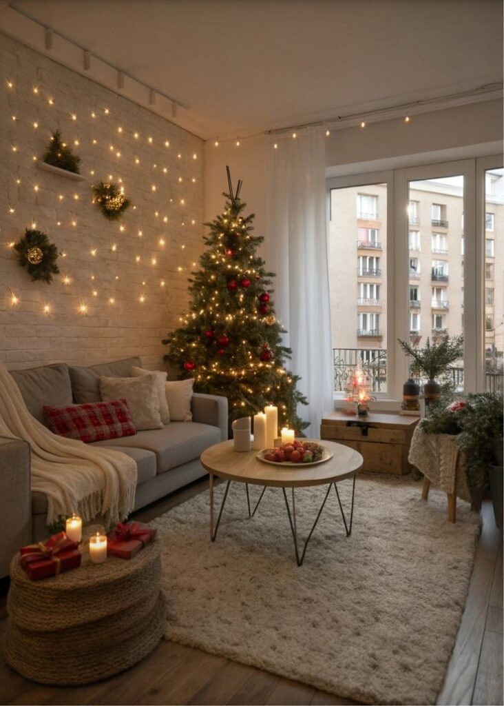 Cozy living room with Christmas tree, string lights, candles, and a sofa creating a festive holiday atmosphere.