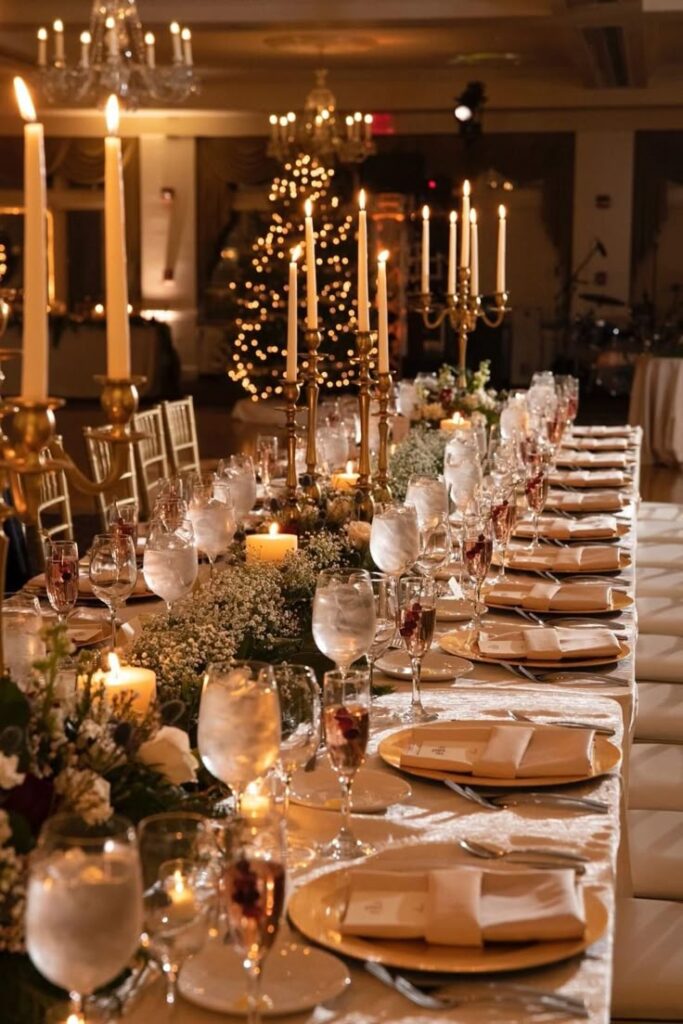 Elegant candlelit banquet table set for a formal event, featuring decorative foliage and sparkling glassware in an opulent setting.