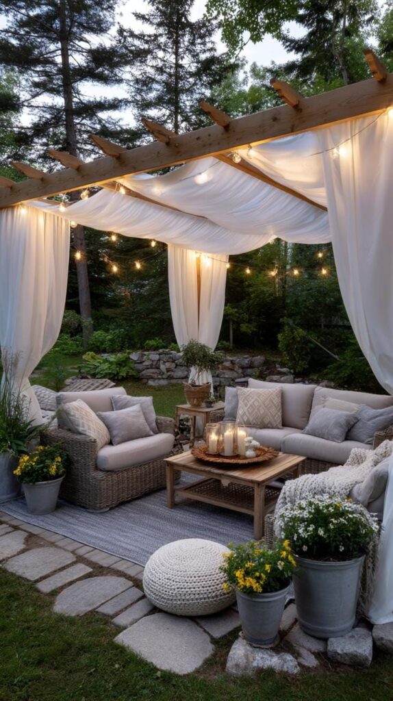 Cozy outdoor patio with draped pergola, string lights, wicker furniture, and potted flowers for a serene garden retreat.