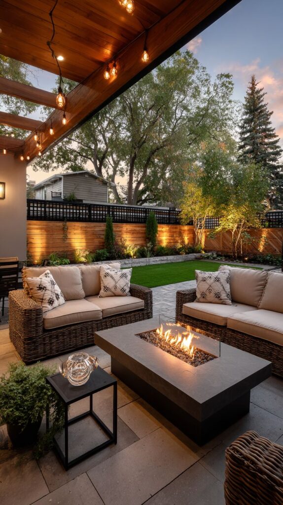 Cozy outdoor patio with wicker furniture, fire pit, string lights, and lush green garden, perfect for evening relaxation and gatherings.