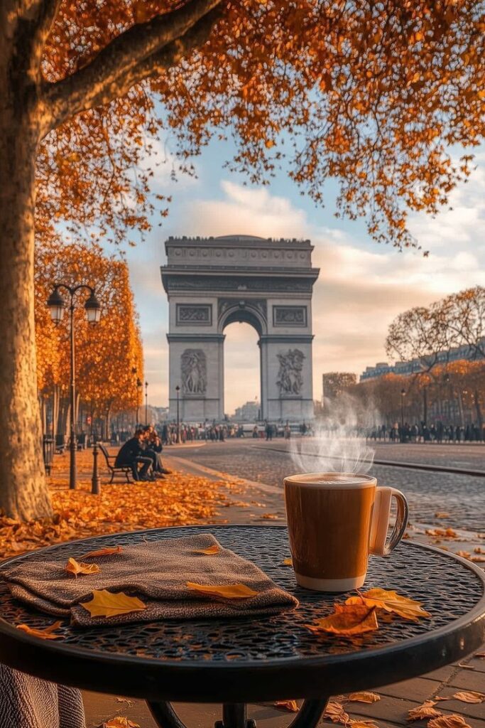 Steaming coffee on a fall day with Arc de Triomphe in the background, surrounded by golden leaves and cozy ambiance.