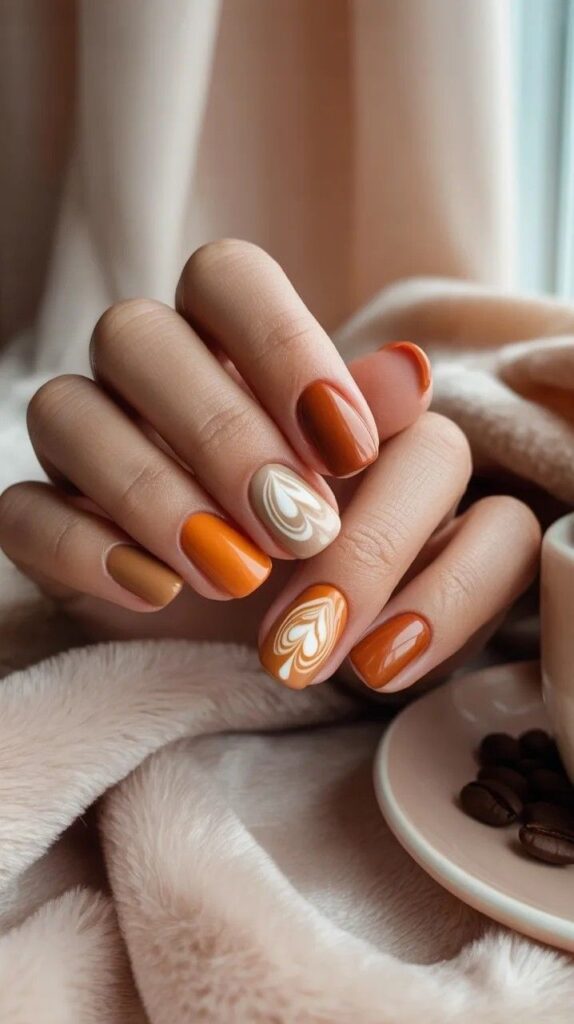 Cozy autumn-themed nail art with orange, brown, and cream swirls, perfect for the fall season. Warm tones and coffee beans enhance.