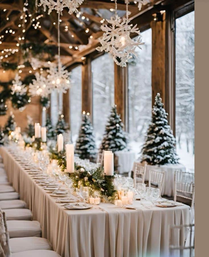 Elegant winter wedding table with candles, snowflake lights, and snowy trees in a cozy, rustic setting.