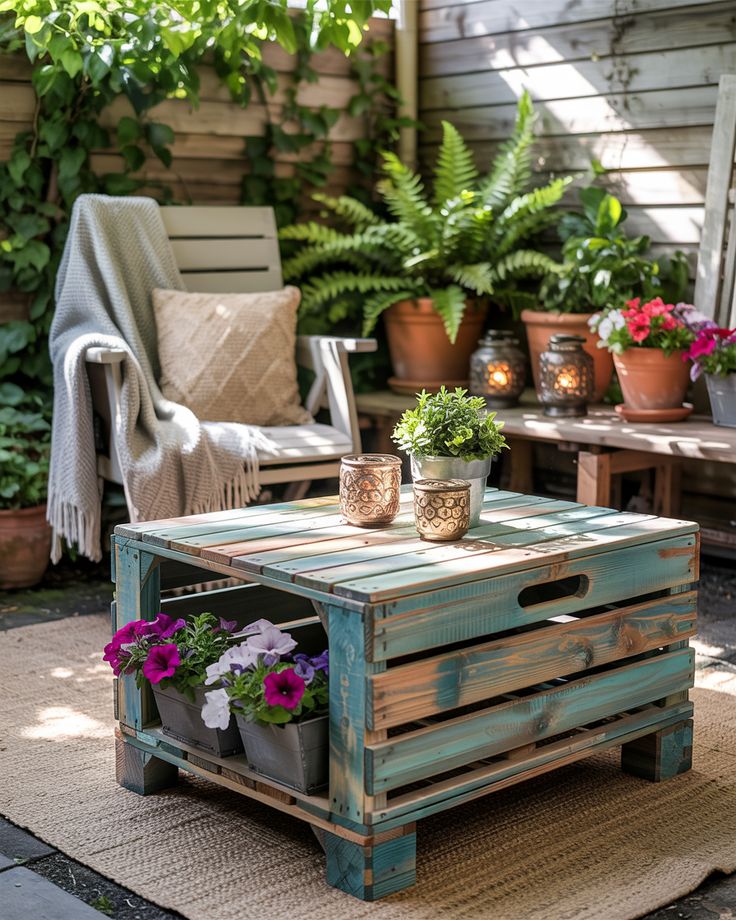 Cozy patio with a rustic wooden table, potted plants, candles, and a chair adorned with a blanket in a lush garden setting.