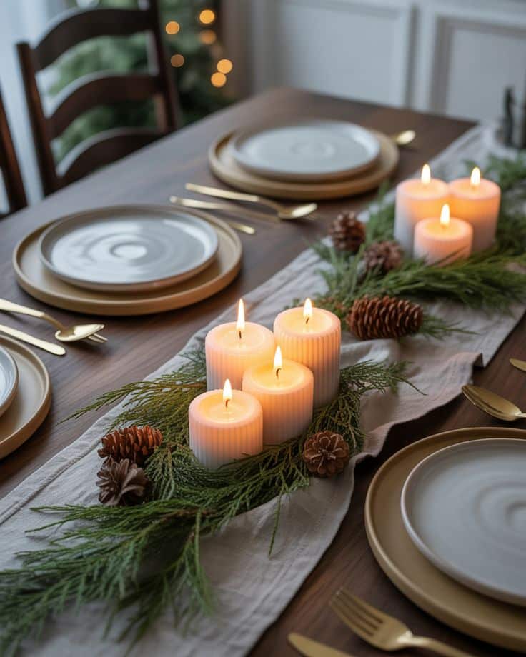 Elegant holiday table setting with glowing candles, greenery, and pinecones on a wooden table. Cozy, festive dining atmosphere.