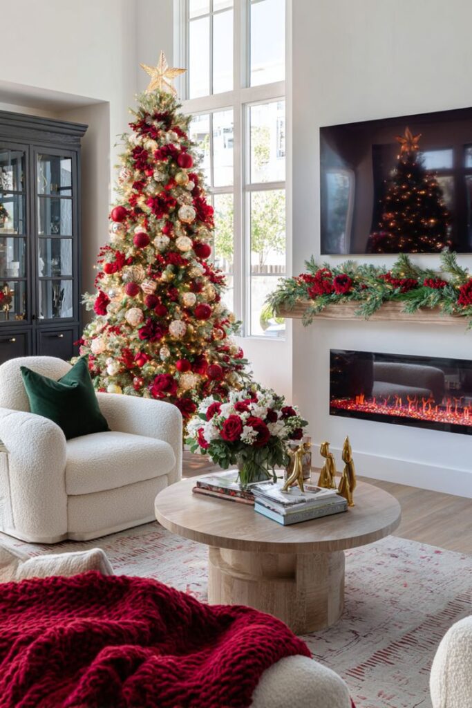 Festive living room with a decorated Christmas tree, cozy seating, and holiday decor by a fireplace.