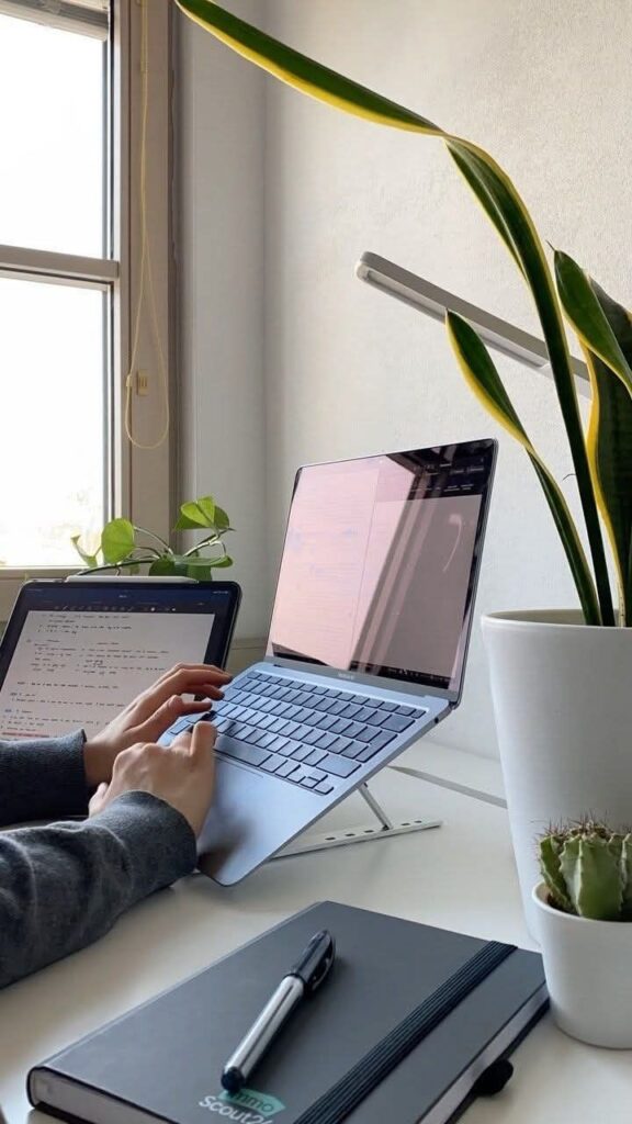Person typing on a laptop stand by a window, surrounded by plants and a notebook on a bright desk workspace.