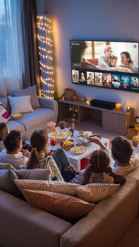 Family enjoying movie night at home with snacks and cozy lighting, watching streaming service on a large TV screen.