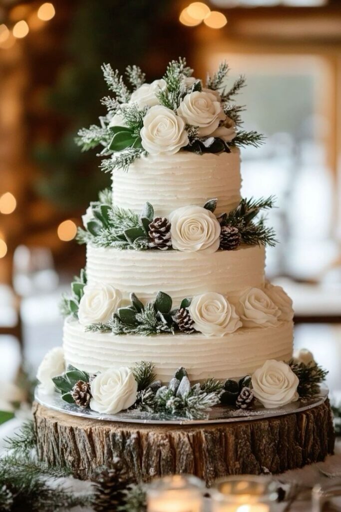 Elegant three-tier white wedding cake with roses and pinecones, perfect for winter celebrations.