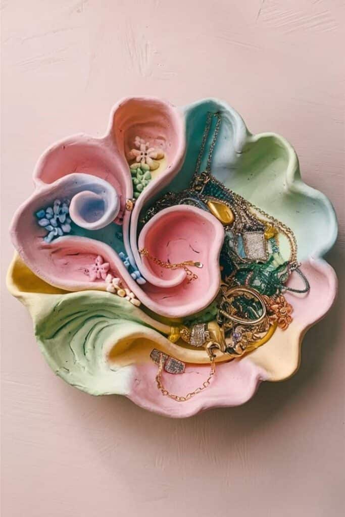 Colorful clay dish with pastel hues holds assorted jewelry, including necklaces and rings, for stylish organization and decor.