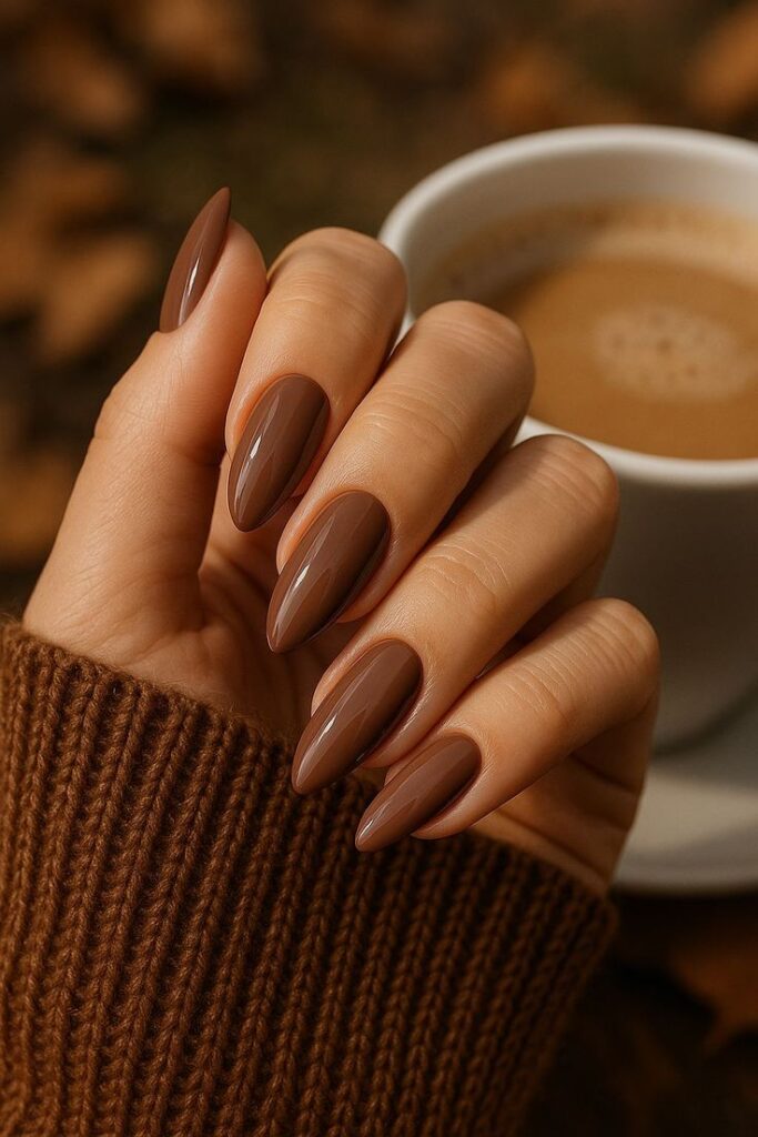 Stylish brown nails with glossy finish, holding a coffee cup, perfect for autumn fashion inspiration. Cozy sweater in the background.