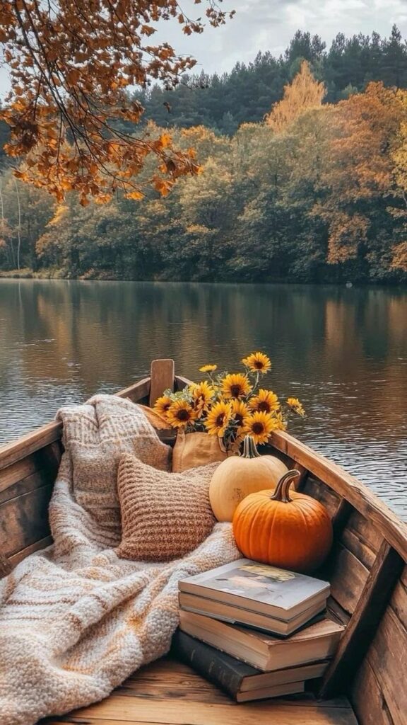 Cozy autumn boat scene with pumpkins, sunflowers, blankets, and books by a serene lake. Perfect setting for a peaceful, reflective day.