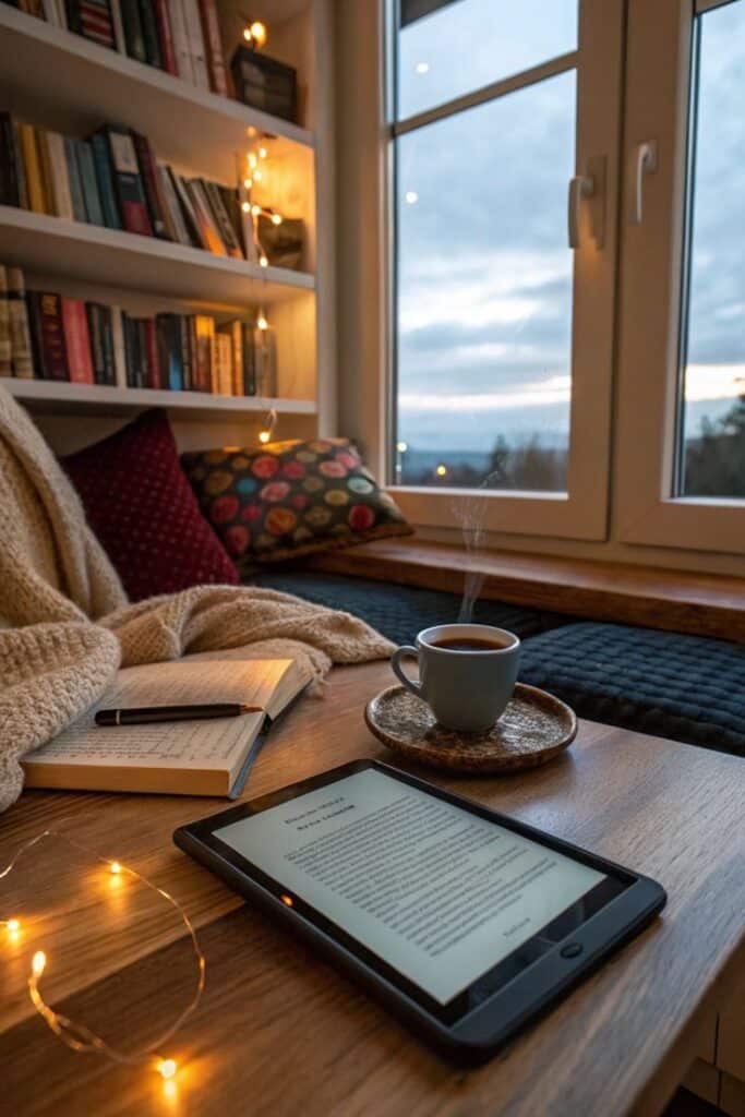 Cozy reading nook with tablet, coffee, notebook, and blanket. Warm lighting and window view create a relaxing atmosphere.