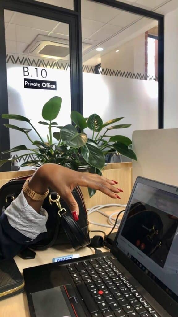 Person working on a laptop in a private office, stylish bag and plant nearby, creating a modern and professional workspace vibe.