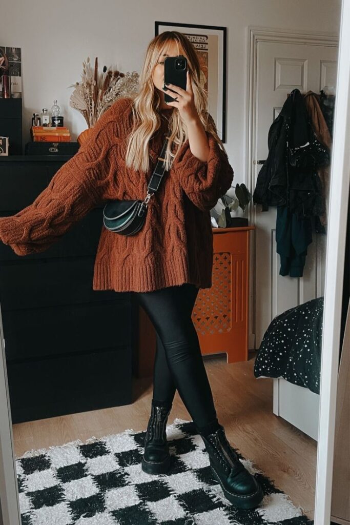 Person taking a mirror selfie in a cozy outfit: brown sweater, black leggings, chunky boots. Trendy home decor in the background.