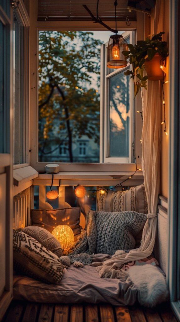 Cozy balcony nook with pillows and warm lights, perfect for relaxing evenings under a soft sunset, surrounded by nature.