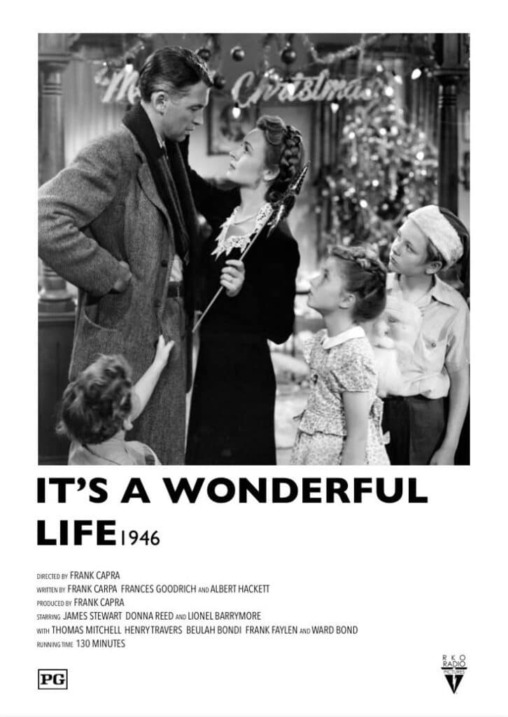 Black and white scene from It's a Wonderful Life (1946), showing a family in a Christmas setting.