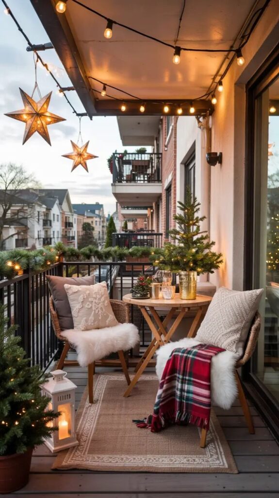 Cozy decorated balcony with lights, star lanterns, chairs, and a small table setting. Perfect for festive evenings outdoors.