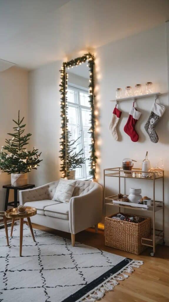 Cozy living room with Christmas decor: lit mirror, mini tree, stockings, and festive shelves create a warm holiday ambiance.