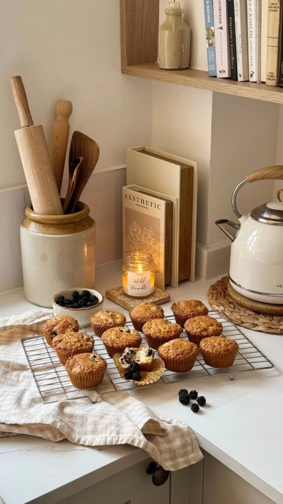 Cozy kitchen scene with blueberry muffins cooling on a rack, next to a candle, books, and a rustic kettle. Perfect baking ambiance.