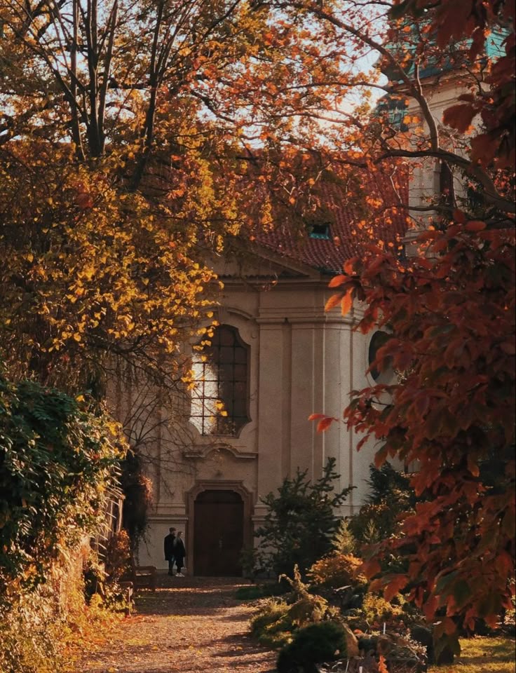 Scenic autumn pathway leads to historic European building, framed by vibrant orange leaves and soft sunlight.