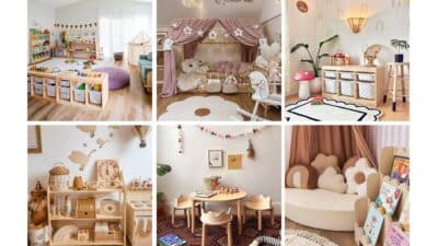 Collage of cozy children's playrooms with wooden furniture, toys, bookshelves, and colorful decorations for a playful learning space.