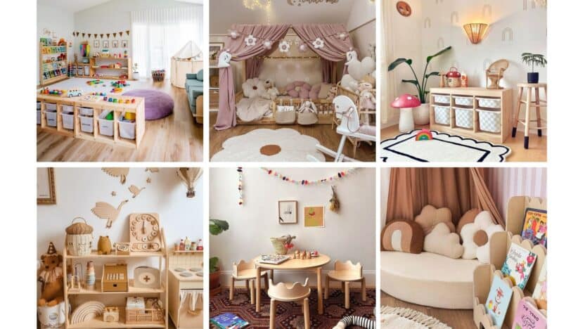 Collage of cozy children's playrooms with wooden furniture, toys, bookshelves, and colorful decorations for a playful learning space.
