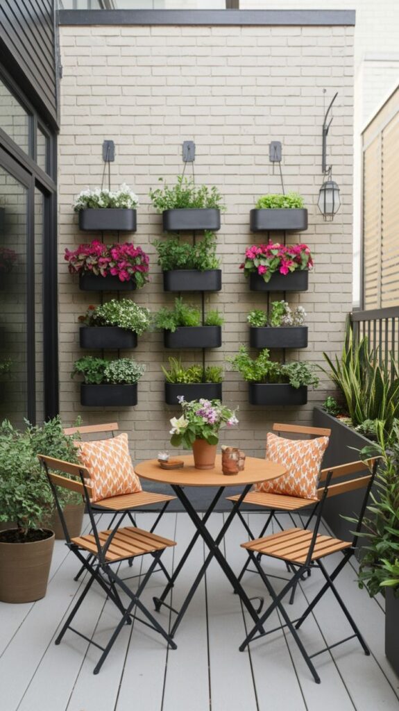 Cozy outdoor patio with vertical garden, black pots, wooden table and chairs, orange-patterned cushions, and potted plants.