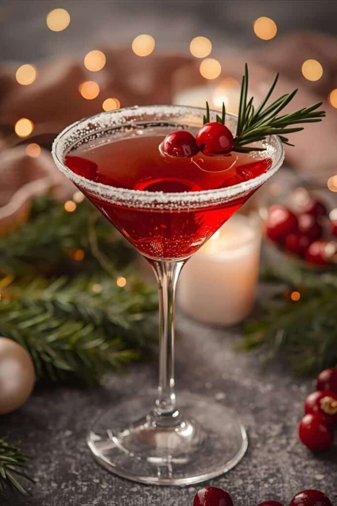 Festive cranberry cocktail in a sugar-rimmed glass, garnished with rosemary and berries, surrounded by holiday decor.