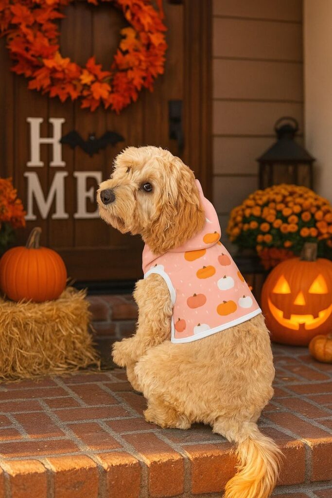 Cute dog in pumpkin outfit on autumn porch with pumpkins and jack-o'-lanterns, perfect fall and Halloween decor setup.