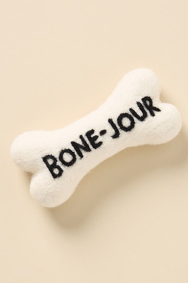 White dog bone toy with Bone-Jour text in black on beige background. Playful pet accessory for dogs. Fun wordplay design.