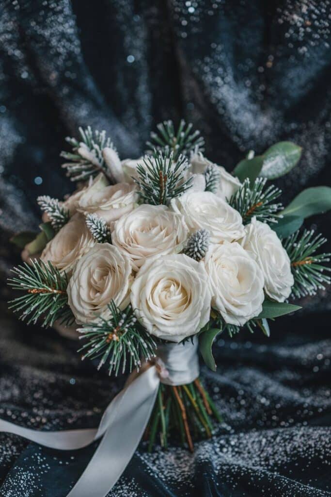 Elegant winter bouquet with white roses, pine branches, and frosted accents against a shimmering dark background, perfect for weddings.