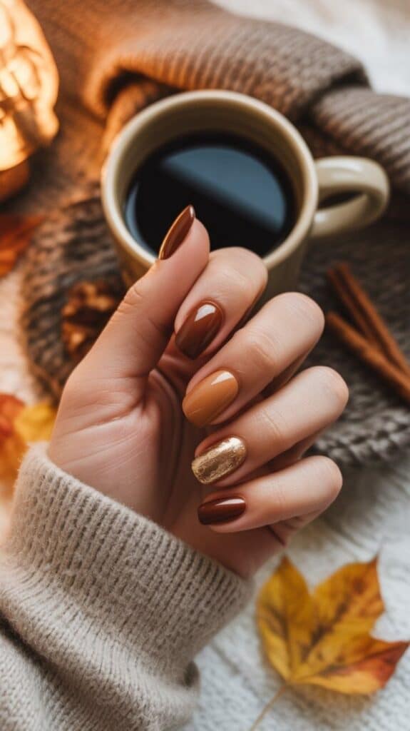 Autumn-inspired manicure with brown, gold, and nude nails, cozy sweater, coffee, and fall leaves. Perfect for seasonal style lovers.